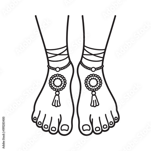 Line art illustration of two feet adorned with detailed anklets