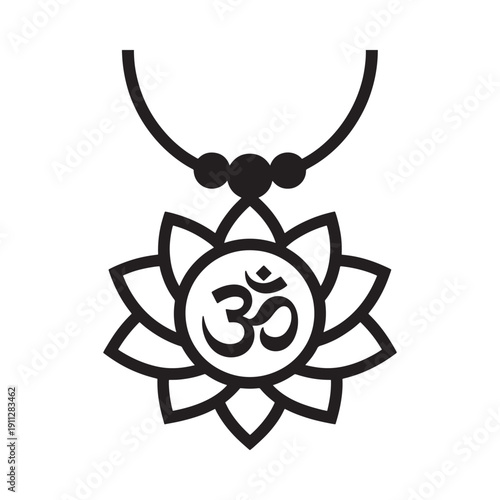 Black and white illustration of a lotus flower pendant with om symbol