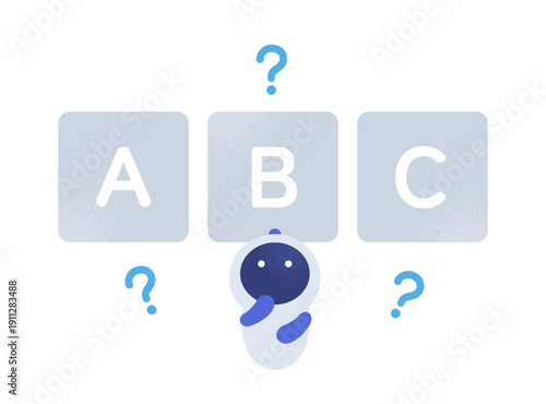 複数の選択肢で迷うAI。最適解を求め考えるロボットのベクターイラスト素材。