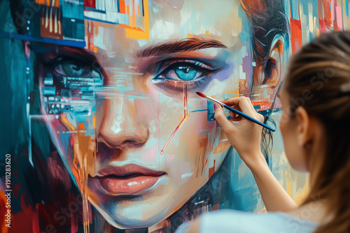 Artist local painting woman face on industrial building wall with fresh artwork. Urban culture and creativity.