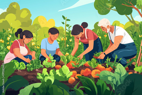 Family planting vegetables in community garden. Environmental care. Sustainable lifestyle agricultural.