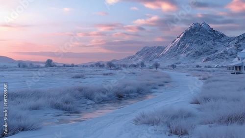 Snowy landscape with a house and mountains under a pastel sky