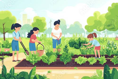 Family planting vegetables in community garden. Environmental care. Sustainable lifestyle agricultural.