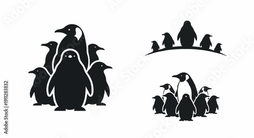 Penguins gathered together in groups, standing on ice, illustrated in black silhouettes from various viewpoints