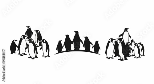 Penguins gathered in a group on a frozen landscape viewed from a slight elevation