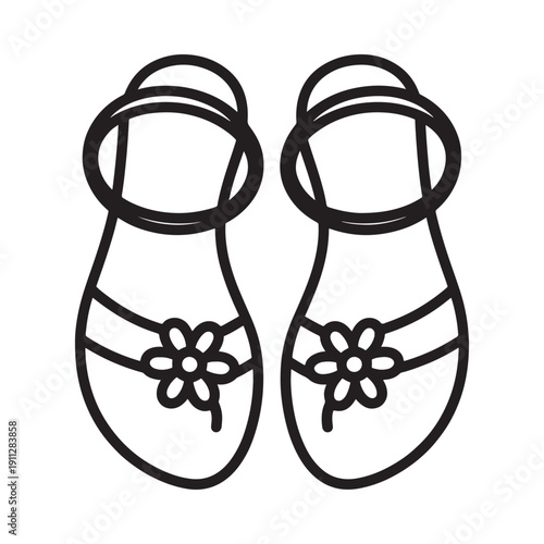 Simple line drawing of a pair of women s sandals with floral details