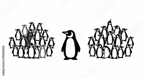 A lone penguin stands between two groups of penguins in a simple illustration from a frontal viewpoint.