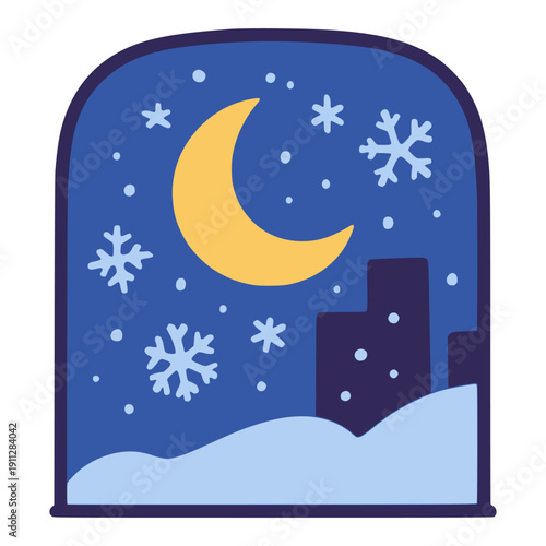 window view snow night with moon flat color vector illustration template design