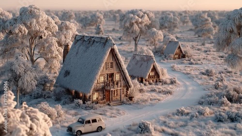 Snow covered village with classic architecture during winter season