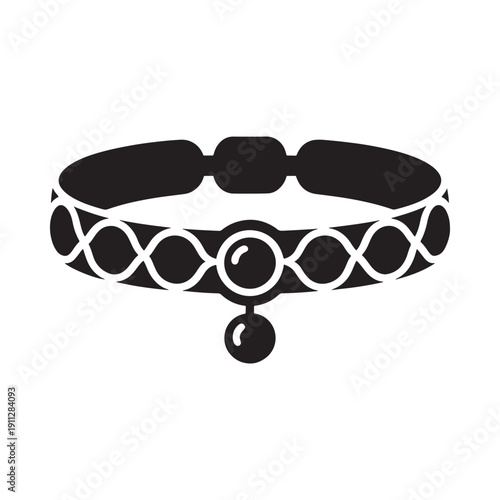 Black silhouette of a pet collar with decorative elements and a dangling charm