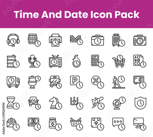Minimal time, date, and location icons for navigation and planning. Includes clock, calendar, alarm, and map pin symbols in a clean outline vector style.