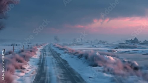 Snow covered road leading through a winter landscape at dawn