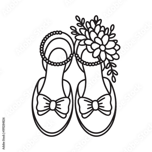 A pair of elegant sandals adorned with floral embellishments outlined in black