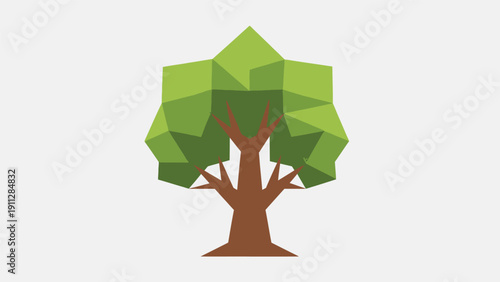 Geometric Tree Illustration with Green Leaves.