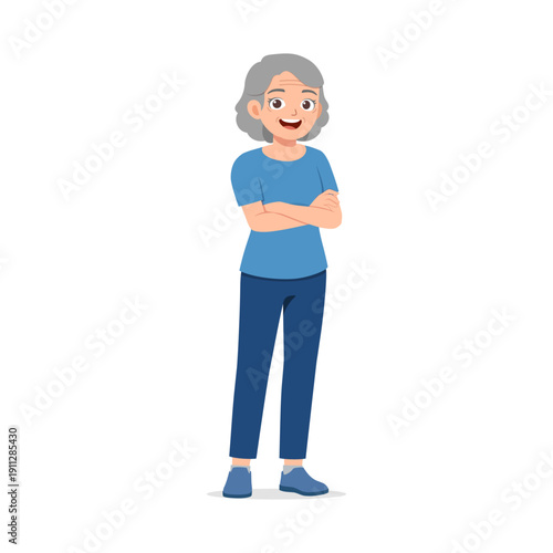 Happy elderly woman standing with arms crossed smiling cheerfully a friendly confident expression