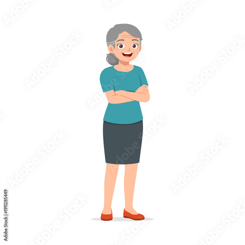 Happy elderly woman standing with arms crossed in a friendly confident pose smiling at viewer