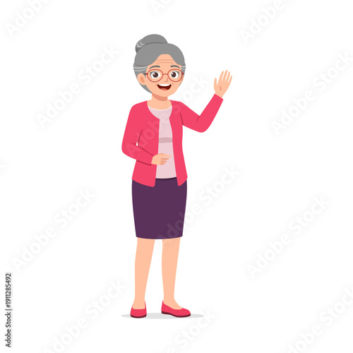Smiling Senior Asian Woman Waving Her Hand in a Friendly Pose with Glasses Pink Jacket and Purple Skirt Illustration