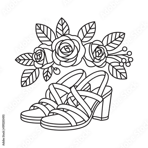 Floral arrangement with sandals a delicate black and white illustration