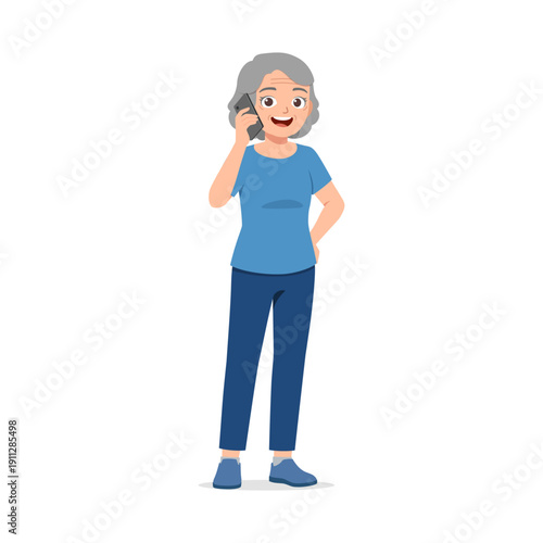 Cheerful elderly woman talking on smartphone with a happy expression standing full body illustration
