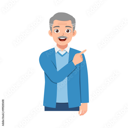 Smiling senior man with grey hair and mustache in blue jacket pointing finger showing direction with happy expression