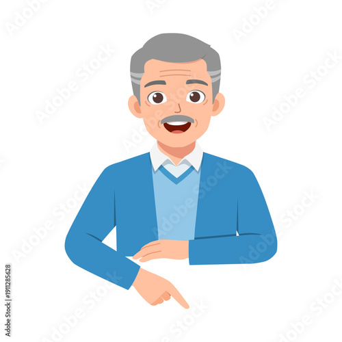Friendly smiling elderly man in a blue jacket happily pointing down with his finger