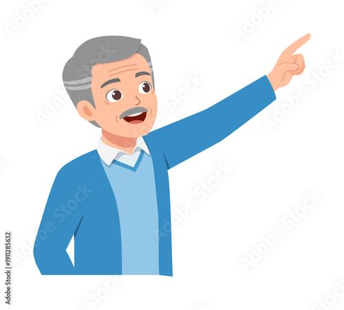 Happy elderly man with gray hair and mustache pointing his finger upward showing something with a joyful expression and open mouth