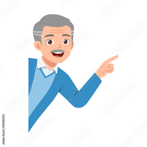 Senior Man Smiling Happily and Pointing Finger From Behind Corner Showing Direction or Information