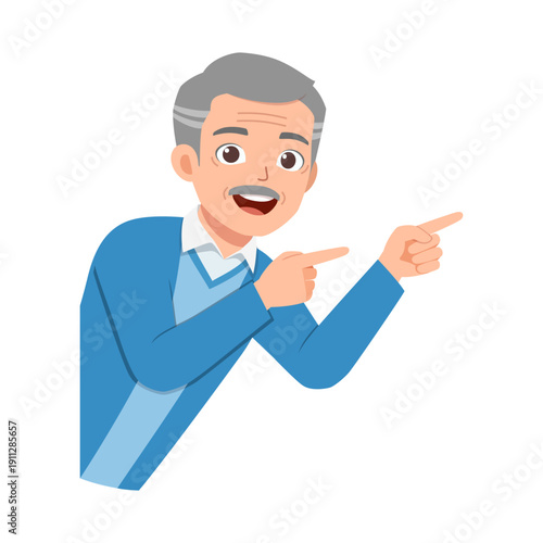 Smiling Asian elderly man with grey hair pointing with both hands enthusiastically wearing blue sweater