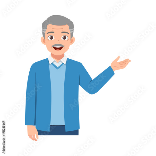 An elderly man smiling happily while gesturing with his right hand open as if presenting or explaining something