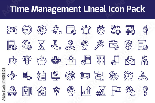 Minimal time, date, and location icons for navigation and planning. Includes clock, calendar, alarm, and map pin symbols in a clean outline vector style.