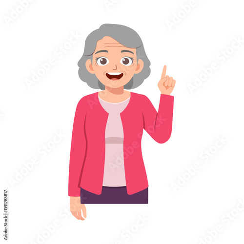 Smiling senior woman with grey hair pointing finger up expressing a good idea