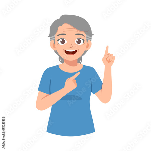 Happy smiling Asian elderly woman pointing with both hands upwards and forwards on a white background