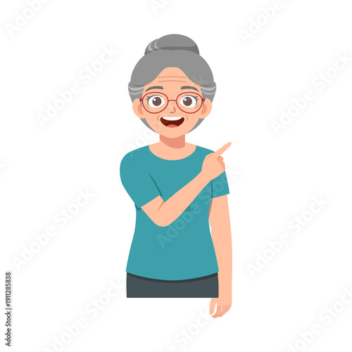 Smiling elderly Asian woman pointing finger happily with grey hair bun and glasses in a cheerful illustration