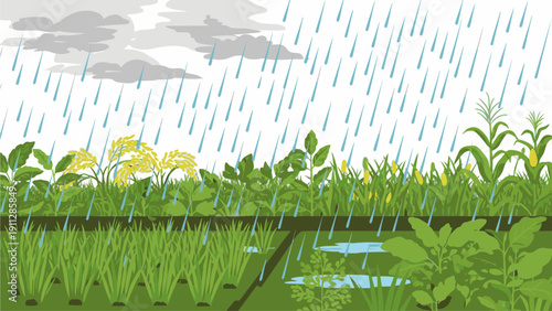 Illustration of a rainy day in a lush green landscape with plants and a small body of water under a cloudy sky.