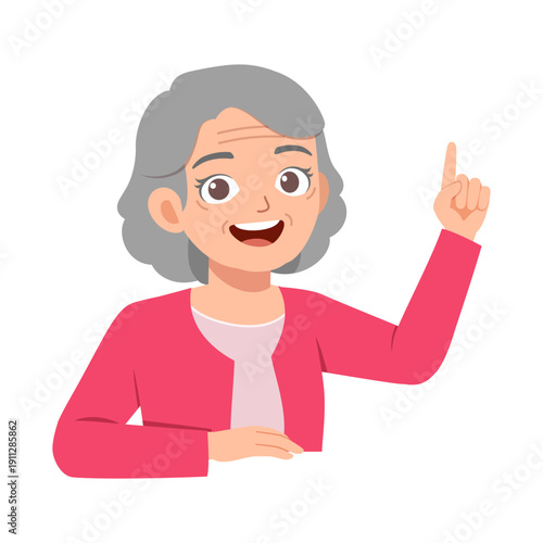 Happy elderly woman smiling and pointing finger up with a cheerful and insightful expression