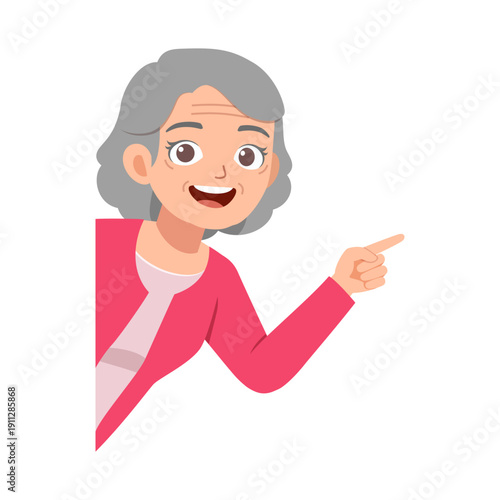 Happy grey haired elderly woman smiling and pointing finger to the right side of frame with cheerful mood