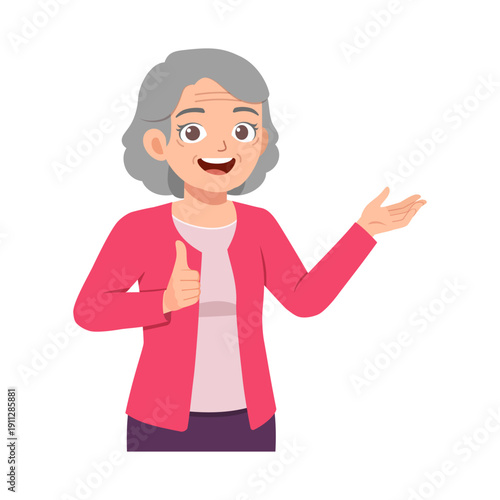 Smiling senior woman giving a thumbs up and presenting happily with a cheerful and positive expression