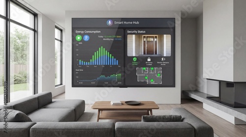 Modern smart home interior with integrated home control panel on wall display showing different data like energy consumption and security information
