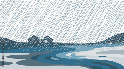 Rainy landscape with a body of water and mountains in the background under a gray sky with heavy rainfall.