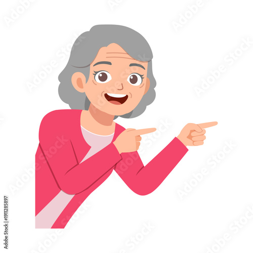 Joyful Asian senior woman smiling and pointing both index fingers indicating direction with happy mood