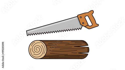 Handsaw and Log Wooden Timber.