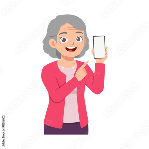 Happy senior woman pointing at a blank smartphone screen with a cheerful expression illustration