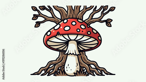 Colorful Mushroom with Roots and Leaves.