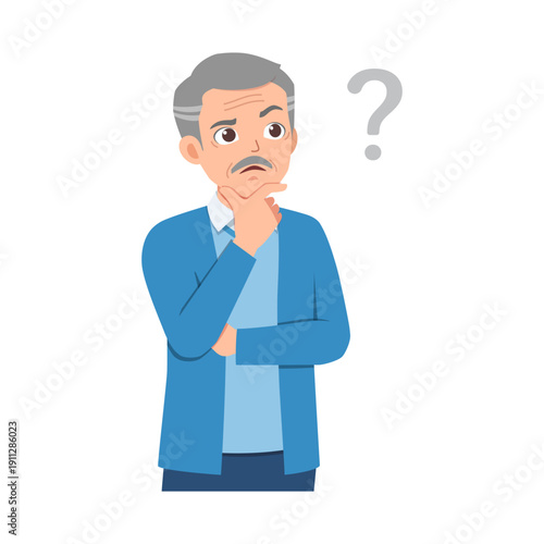 Elderly man thinking deeply with a confused expression and a question mark overhead illustration