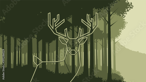 Deer Illustration with Antlers in Forest.