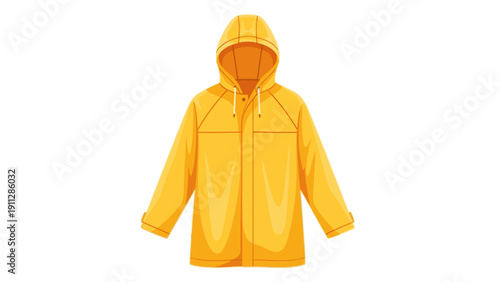 A bright yellow raincoat with a hood on a clean white background, showcasing its design and color.