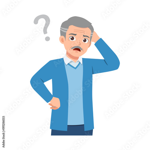 Confused Asian elderly man with hand on head and a question mark above him feeling unsure and forgetful