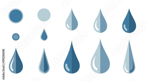 Graphic illustration of various blue water droplets in different shapes and sizes on a white background.