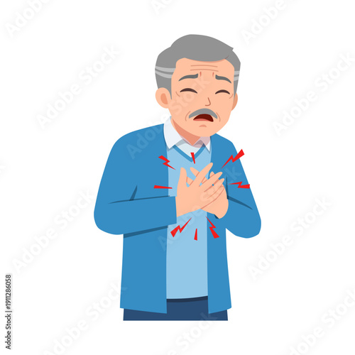 An older Asian man experiencing severe chest pain holding his heart in discomfort and suffering