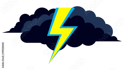Graphic illustration of a bright yellow lightning bolt striking from a cluster of dark stormy clouds on a white background.